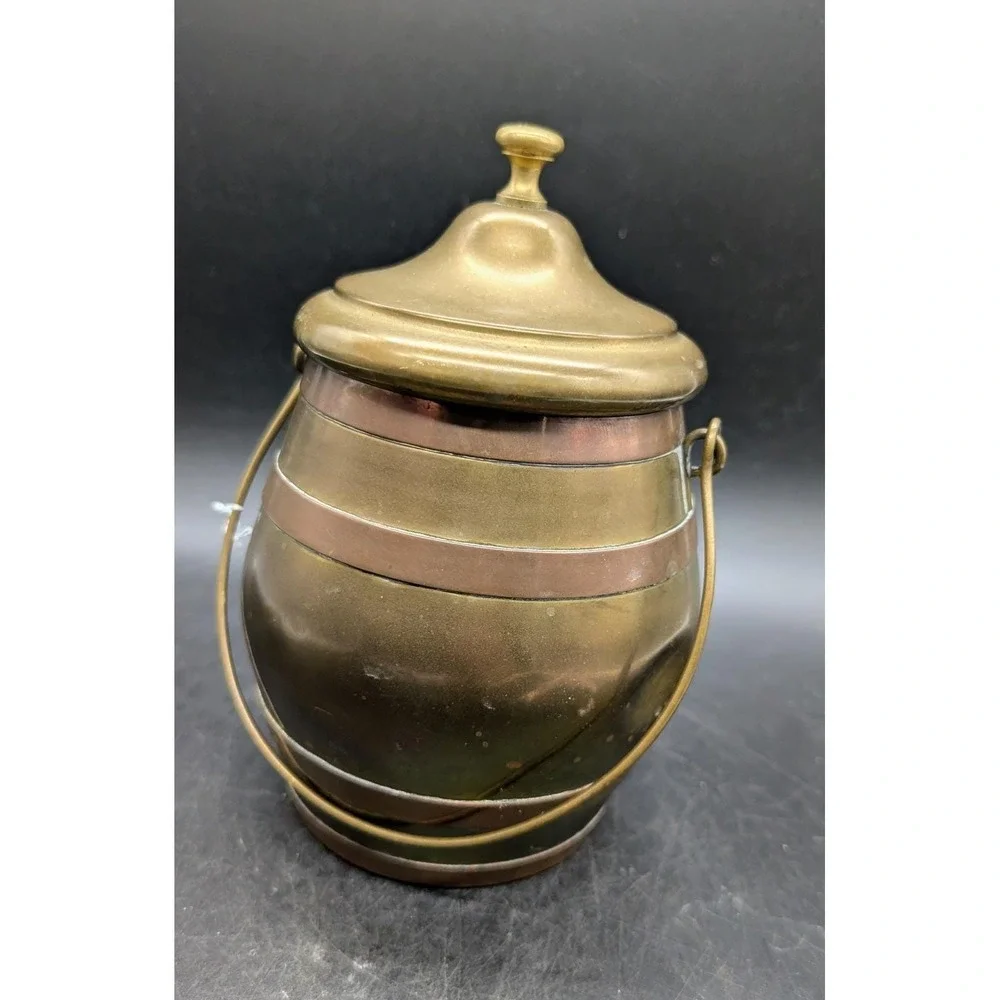 Vintage Brass and Copper Barrel Canister with Bail Handle and Lid Mixed Metal 8